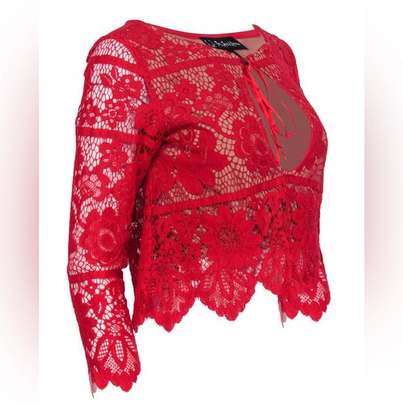 For Love and Lemons Gianna Floral-Lace Crop Top, Hot Red - Picture 4 of 6